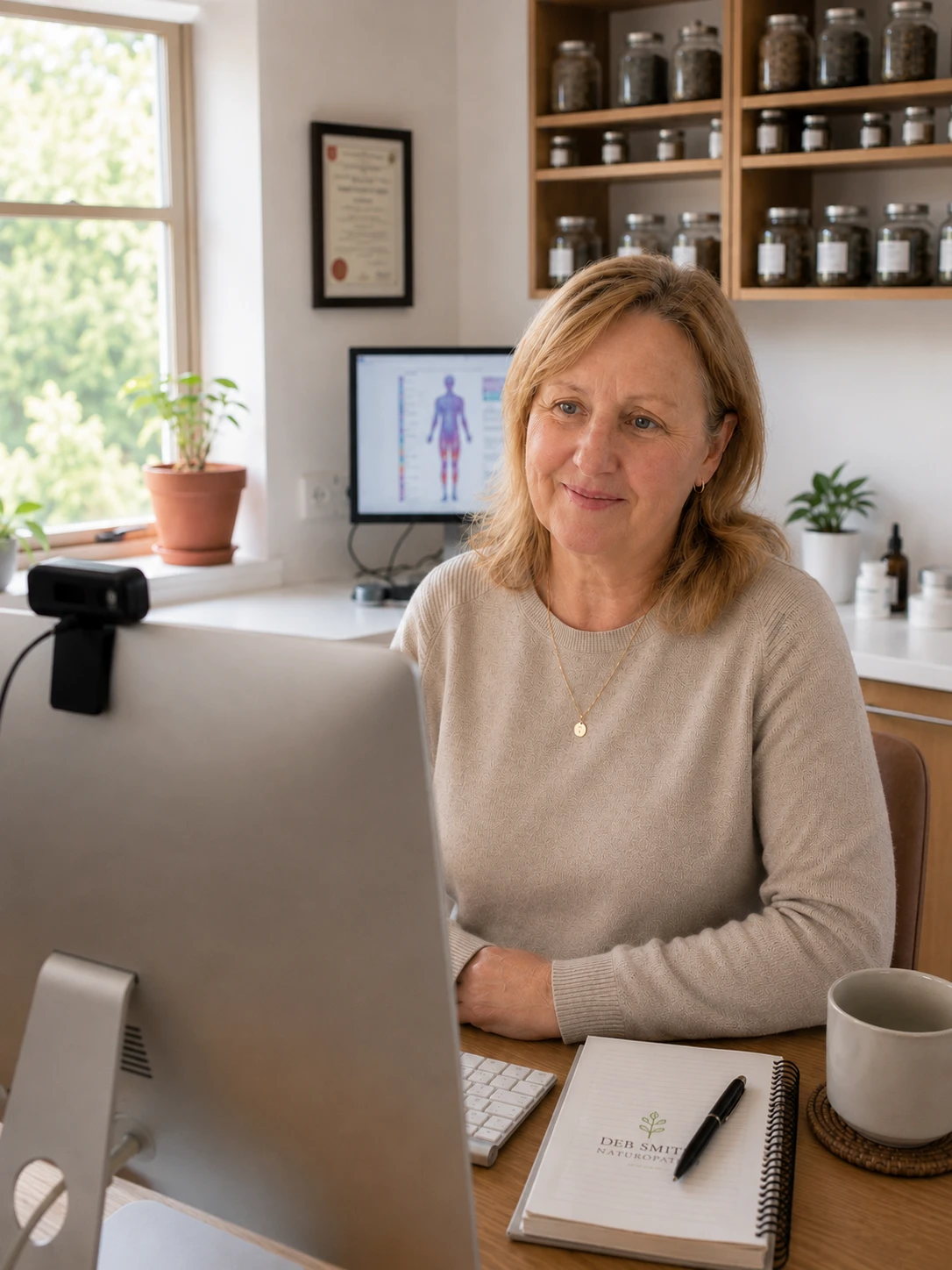 Deb Smith at her consulting desk during a telehealth appointment, with her dispensary shelves and a body chart behind her