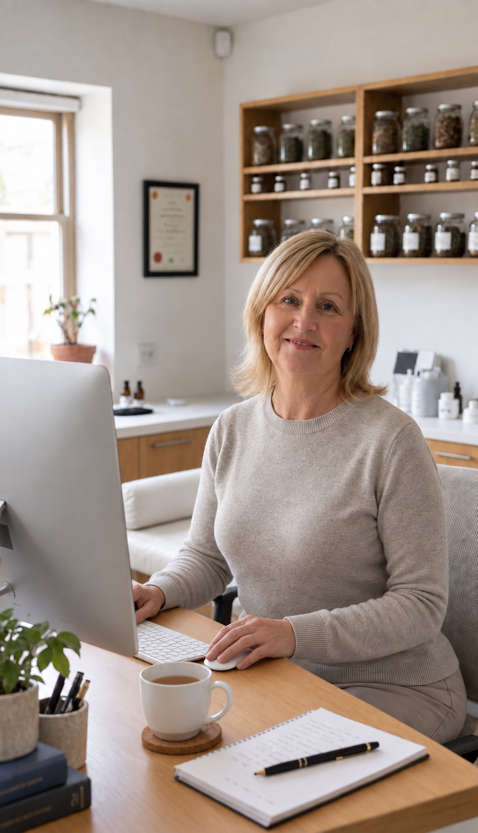 Deb Smith at her desk during a telehealth consultation, with her herbal dispensary shelves and framed qualification behind her